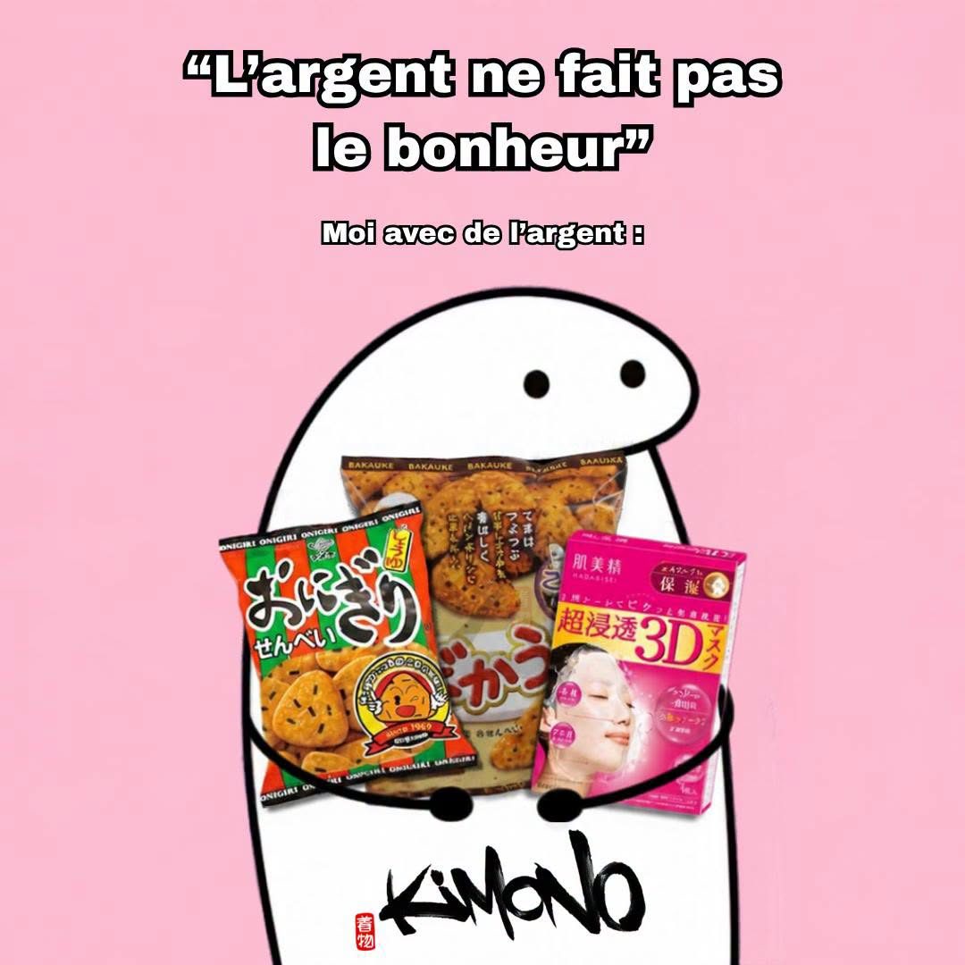 Mème Kimono : « L'argent ne fait pas le bonheur… », la mascotte serrant senbei et masques visage